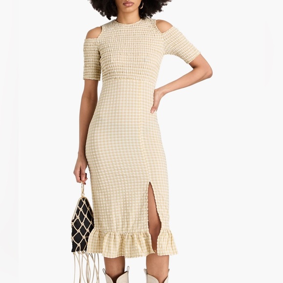 Ganni Beige Khaki Smocked Seersucker Gingham Cold Shoulder Dress, size 34 - Picture 1 of 14